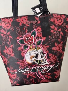 Ed Hardy Skull Rose Rhinestone Tote Bag Black Red Y2K NWT EHH415-42-085
